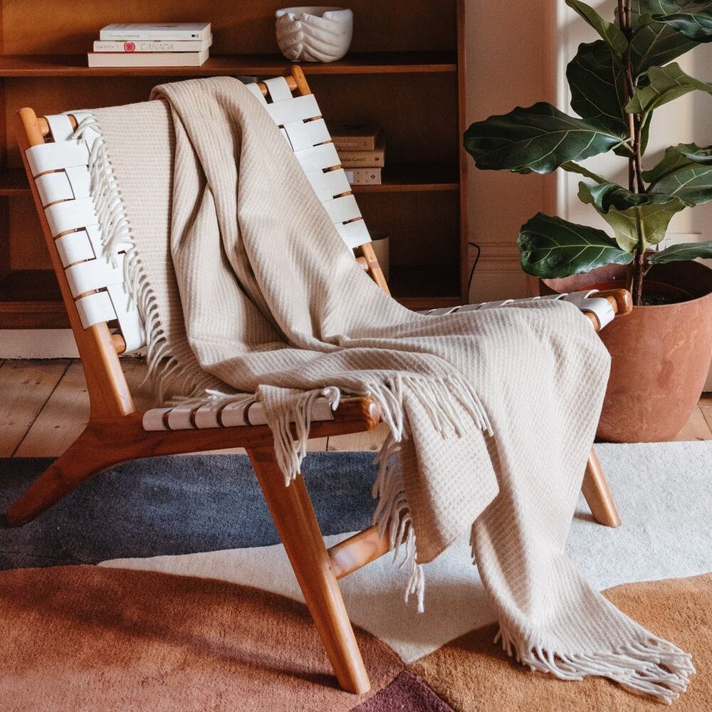 TBCO Camel Recycled Wool Waffle Fringe Blanket Minimalist Luxury Boho F1